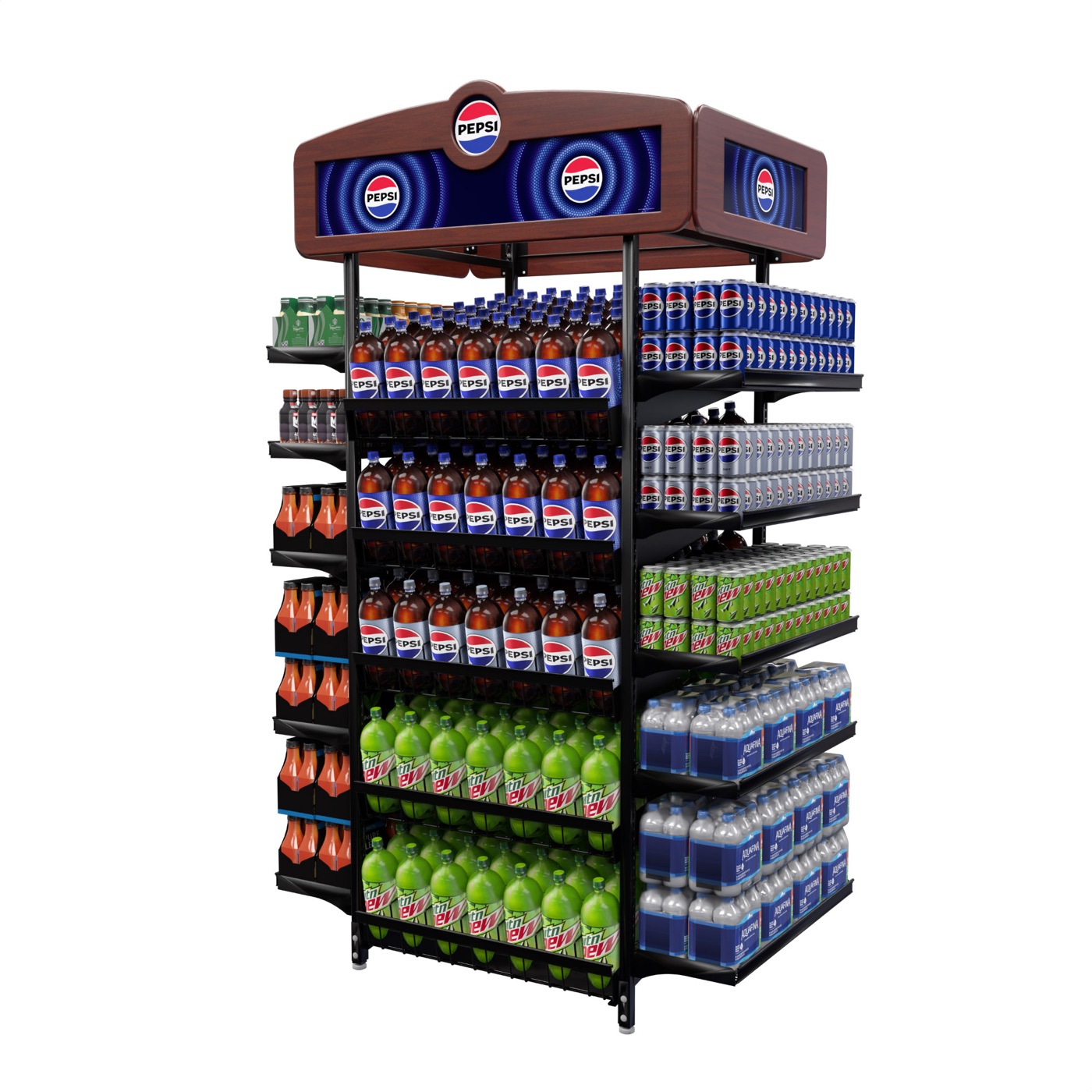 Woodland Sales Center, four-sided wood and steel display loaded with Pepsi products