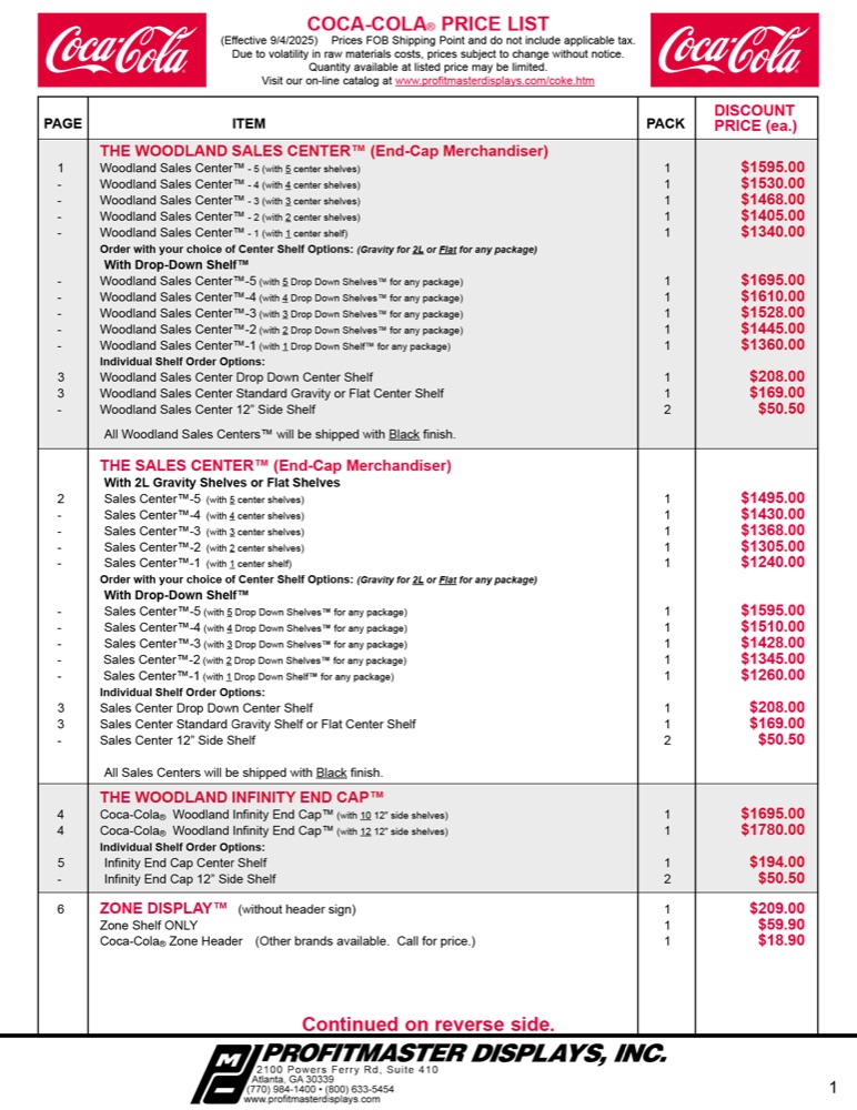 Current Coca-Cola price list, September 2025