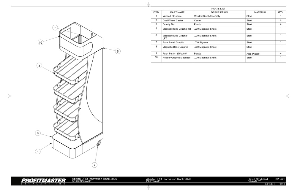 Assembly drawing of a four-shelf rack with balloon callouts, parts list and black title bar