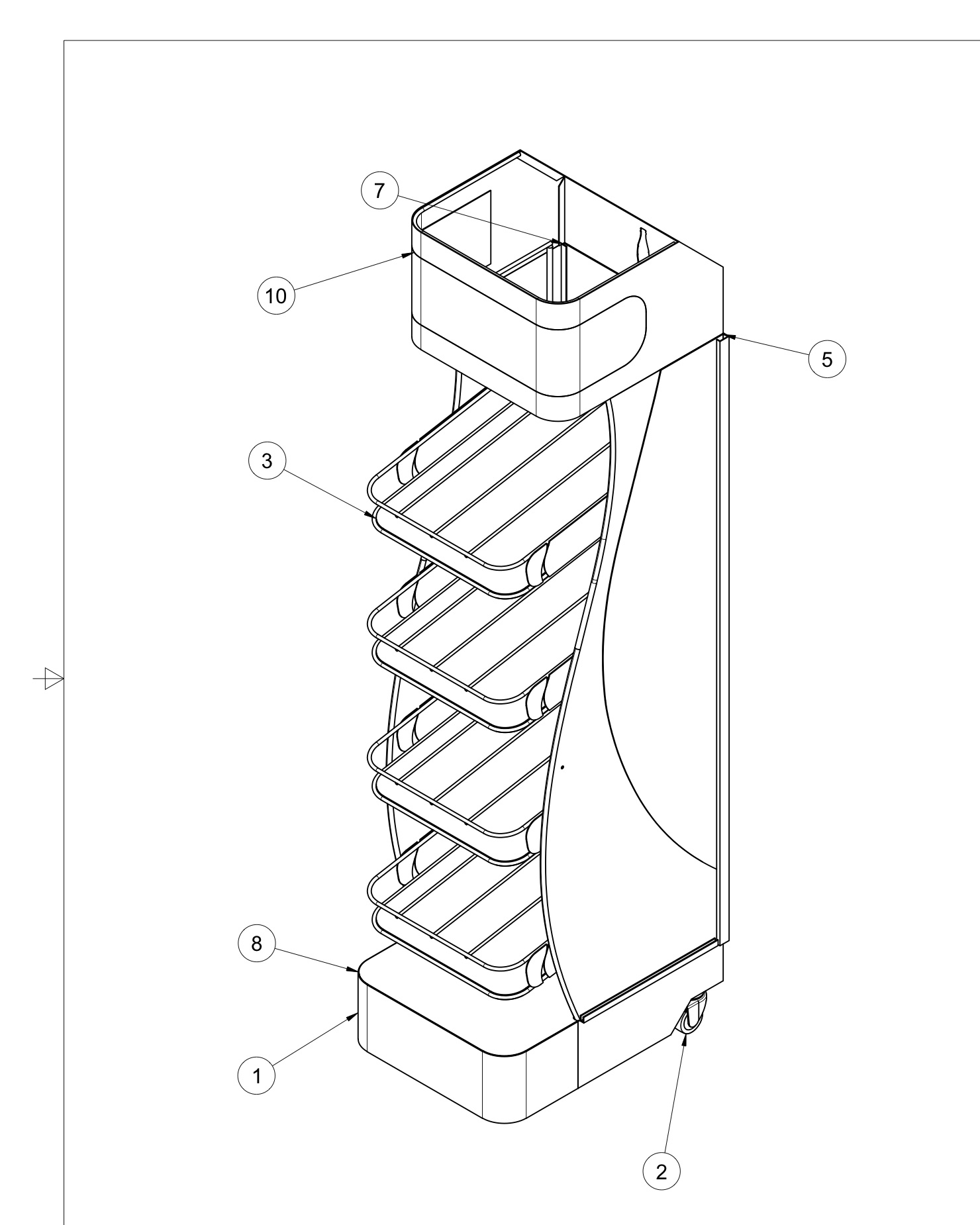 Isometric CAD drawing of a four-shelf rack with numbered balloon callouts